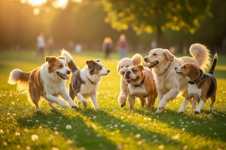 Happy dogs playing together in a sunny park