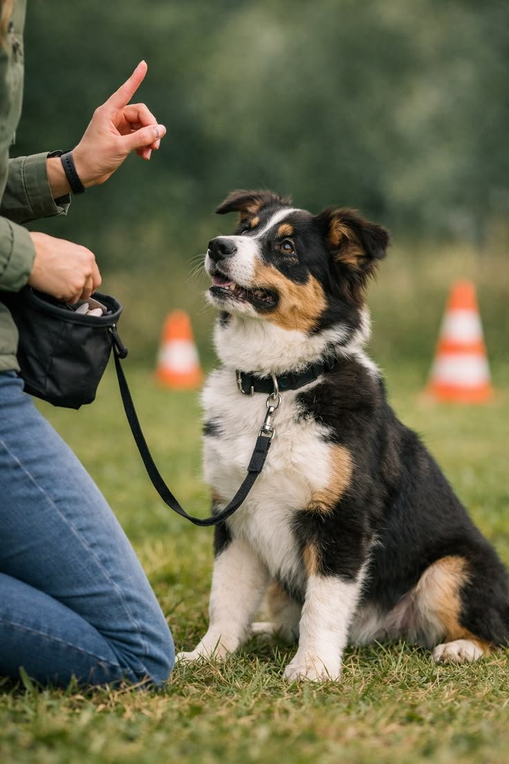 Attentive puppy sitting on the grass during a reward-based training session